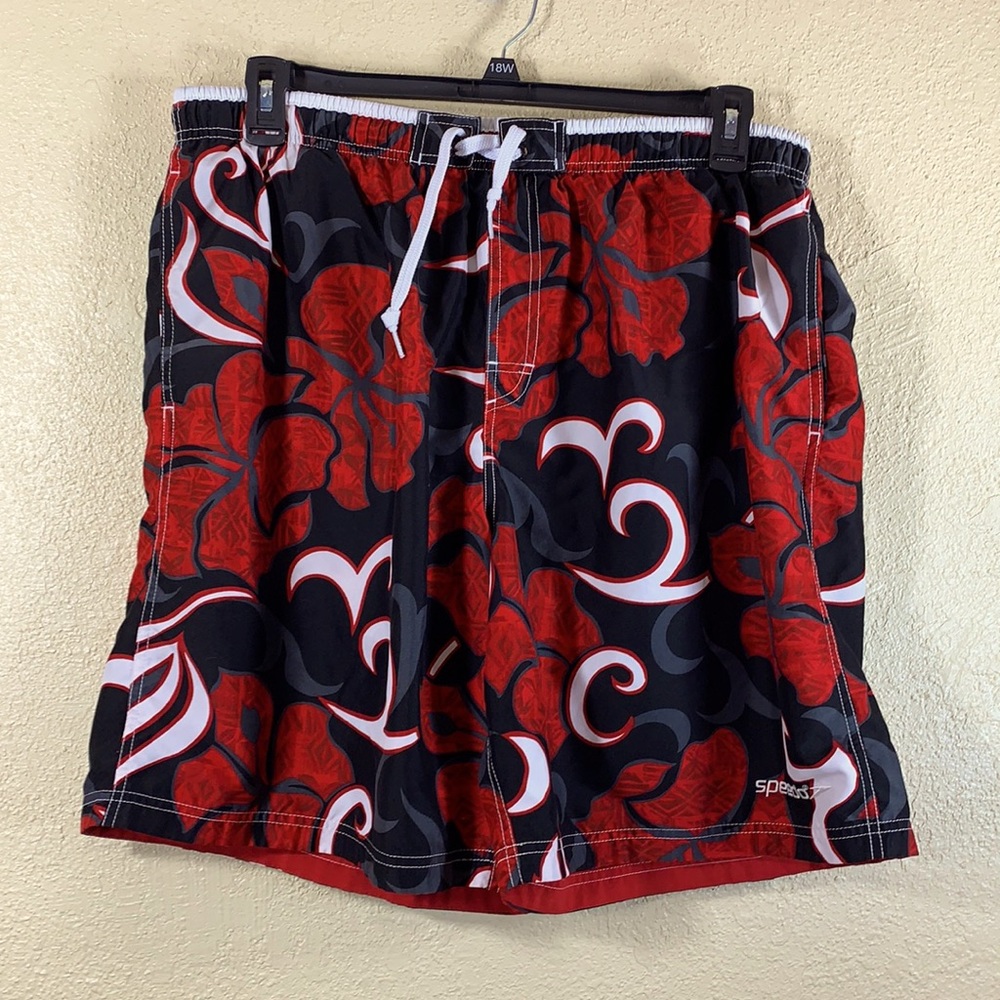Speedo Men's Shorts Swim Trunks Red Gray White XL .
